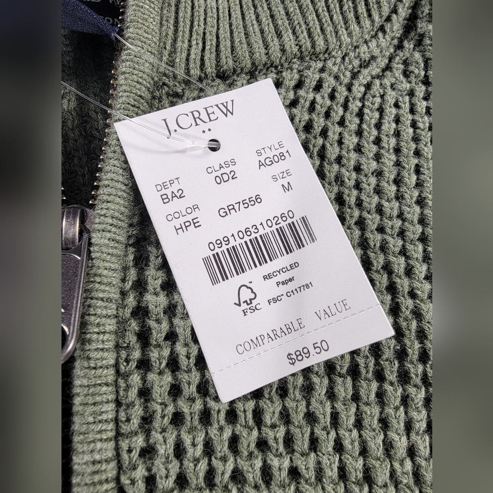 NWT J Crew Sweater Mens Medium Green Waffle Knit 1/4 Zip Pullover Preppy NEW - Picture 2 of 11